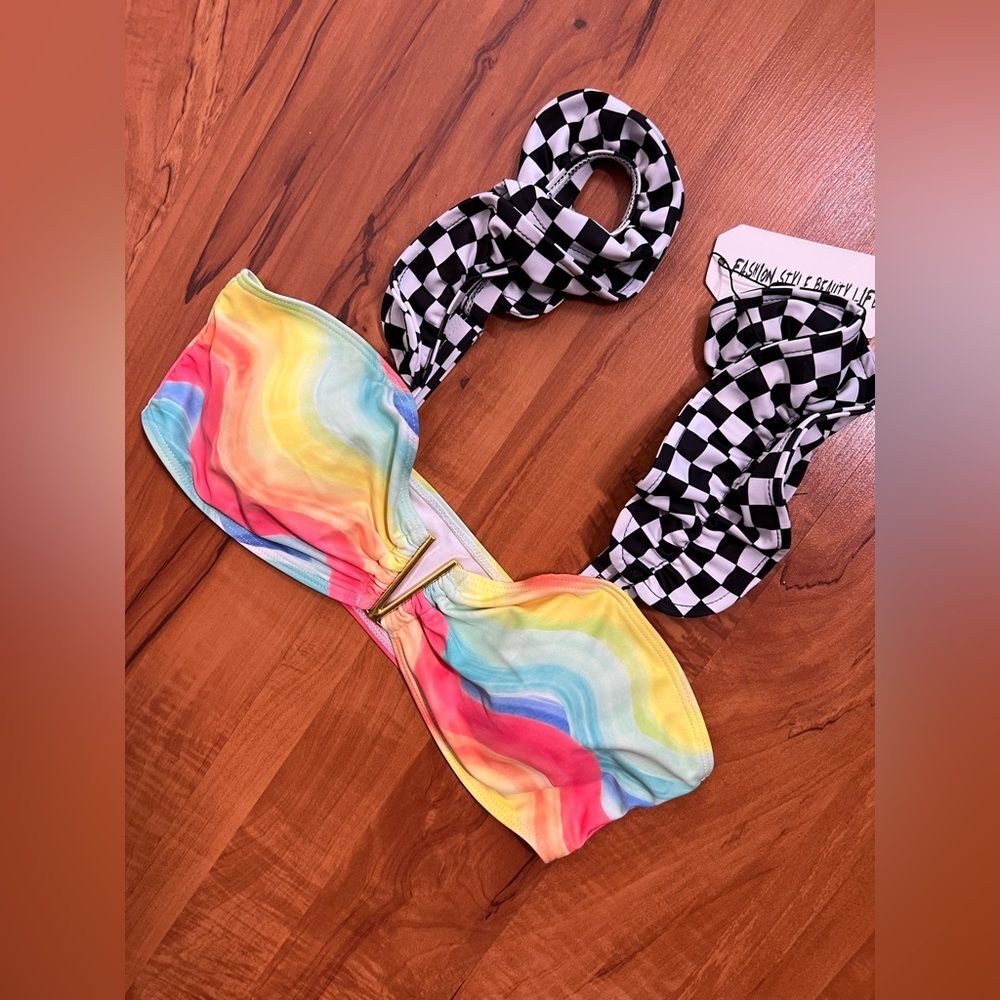 Sporlike Colorful Rainbow Bikini Top with Checkered Straps NWT large